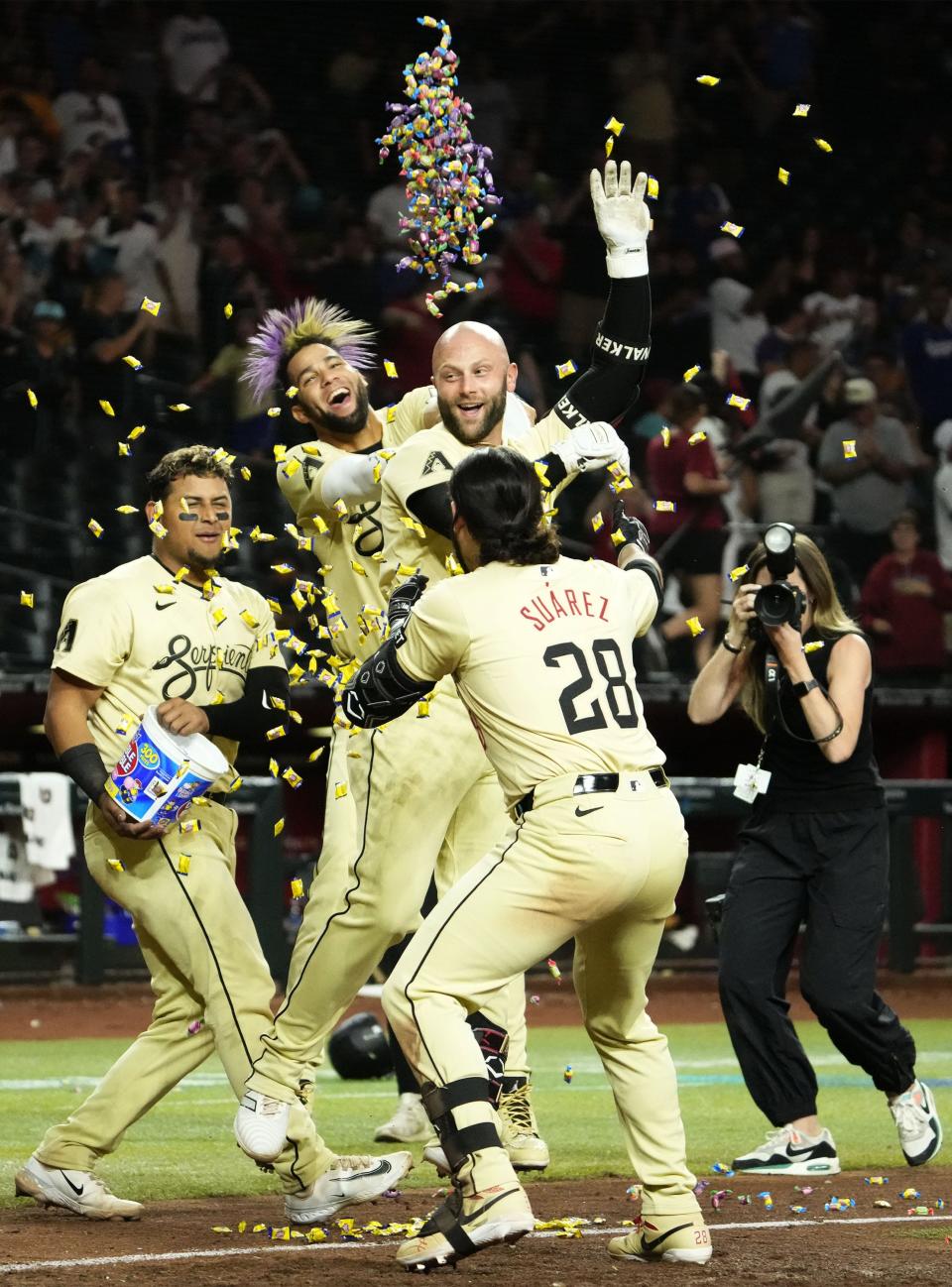 Arizona Diamondbacks Christian Walker (53) celebrates after hitting a two-run walk-off home run to beat the Los Angeles Dodgers 4-3 in the 10th inning at Chase Field in Phoenix on April 30, 2024.