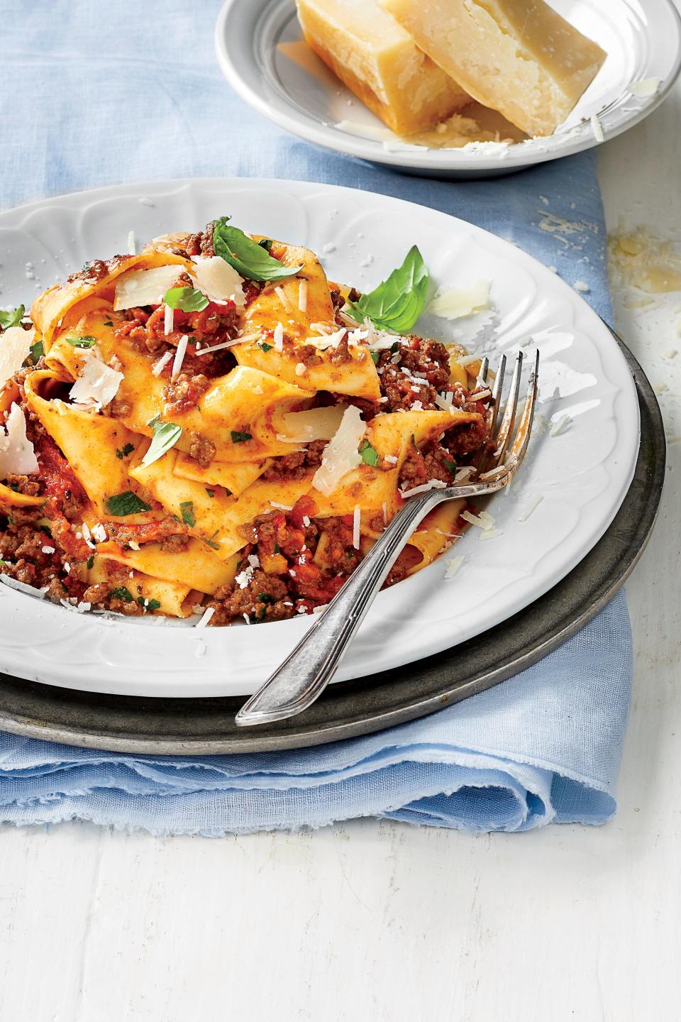 Slow-Cooker Bolognese Sauce over Pappardelle Pasta