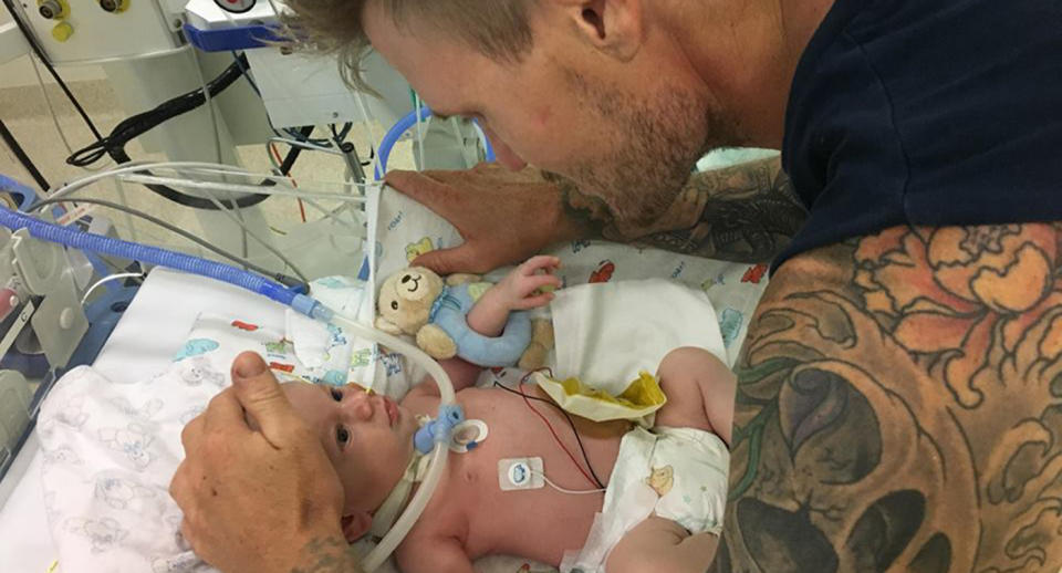 Archer was not able to breathe on his own shortly after being born and was transferred to Brisbane on by Careflight. Source: Supplied
