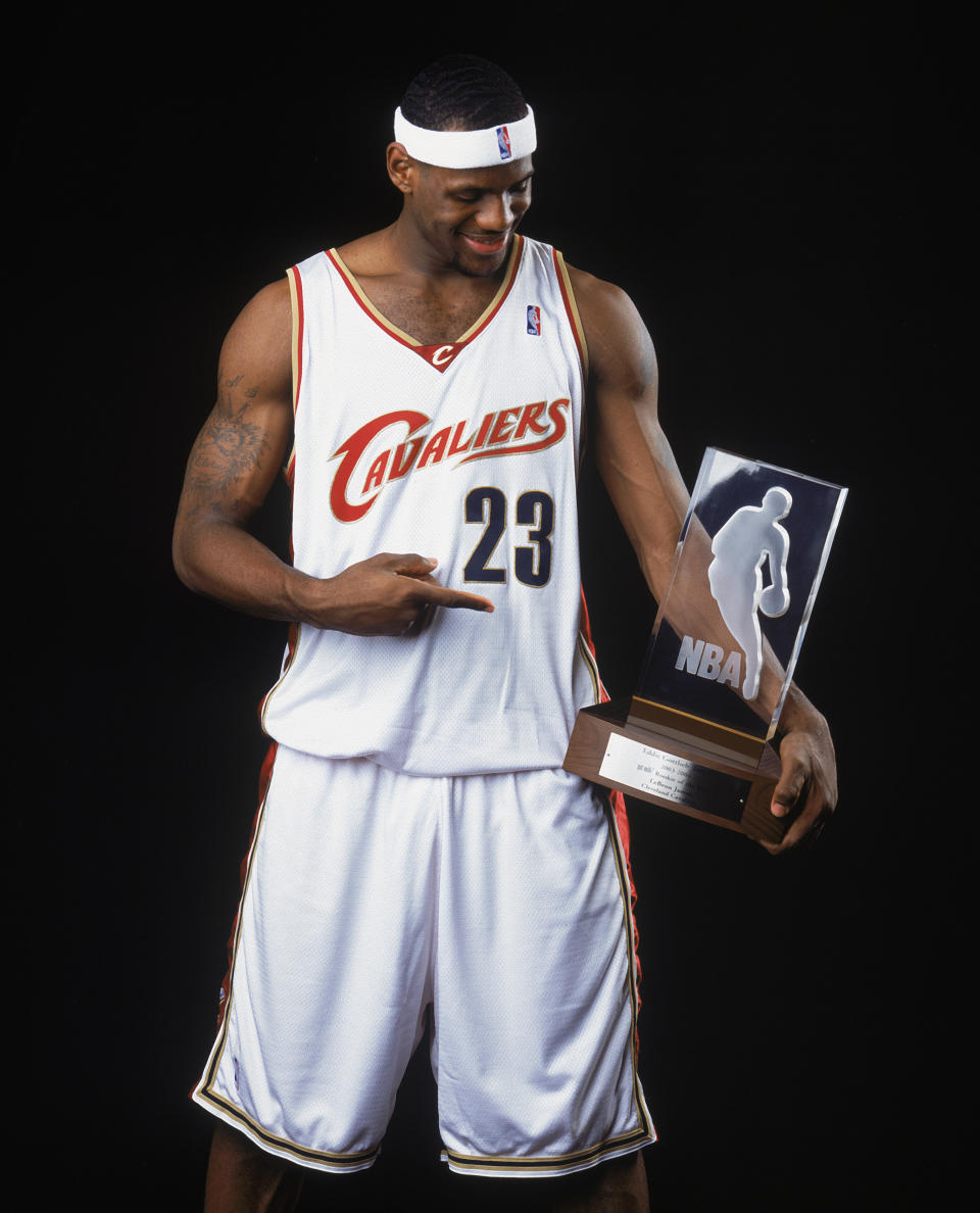 NEW YORK - APRIL 20: LeBron James #23 of the Cleveland Cavaliers poses for a Rookie Of The Year Portrait on April 20, 2004 in New York City, New York.&nbsp;