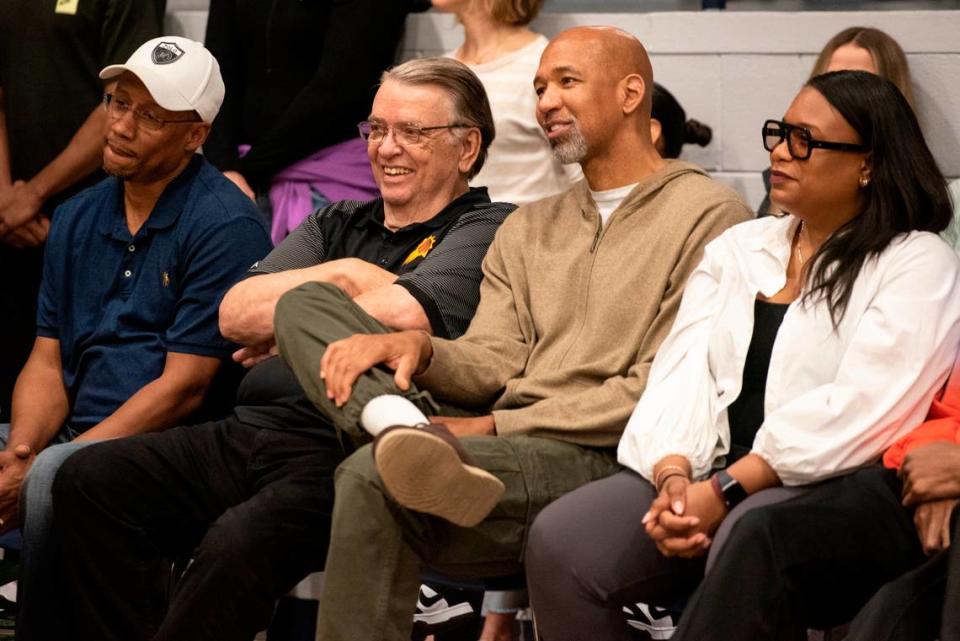 Phoenix Suns coach Monty Williams laughs during a ceremony for the retirement of his player Devin Booker’s high school jersey at Moss Point High School in Moss Point on Saturday, Dec. 10, 2022.