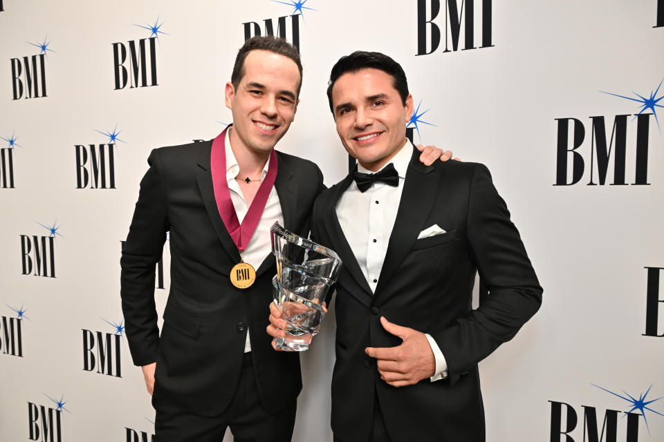 BEVERLY HILLS, CALIFORNIA - MARCH 13: (L-R) Edgar Barrera and Horacio Palencia attend the BMI Latin Awards 2024 at Beverly Wilshire, A Four Seasons Hotel on March 13, 2024 in Beverly Hills, California. (Photo by Lester Cohen/Getty Images for BMI)