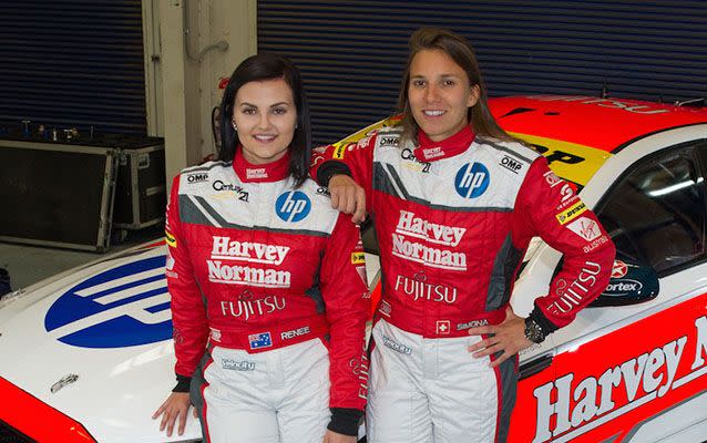 Gracie, pictured with De Silvestro, hopes the pair can inspire more women to get involved in motorsport. Photo supplied.