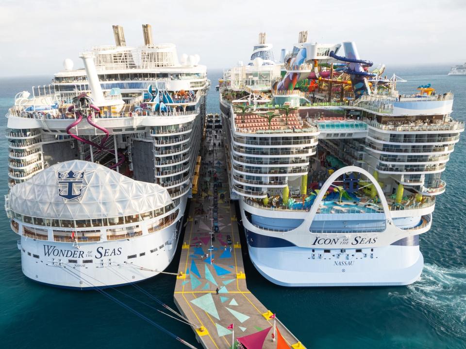 Wonder of the Seas and Icon of the Seas docked at Perfect Day at CocoCay