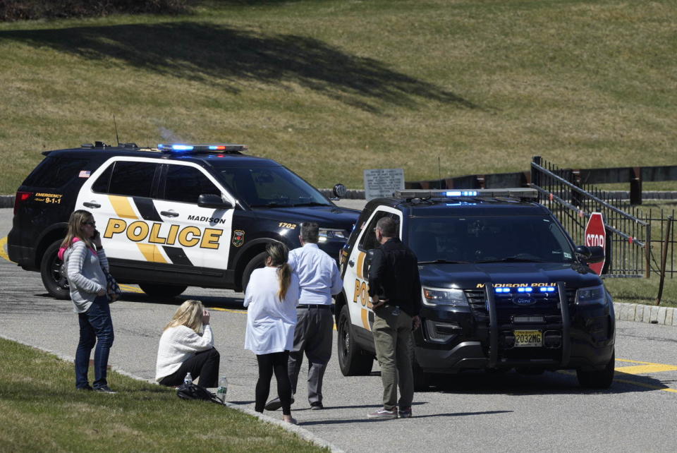 Police presence at Saint Elizabeth University campus at the Park Avenue entrance on Tuesday, April 4, 2023 as the university went into lockdown with a shelter in place due to a police investigation in the vicinity of the Convent Station train station, which is adjacent to the campus, the school said in a statement.