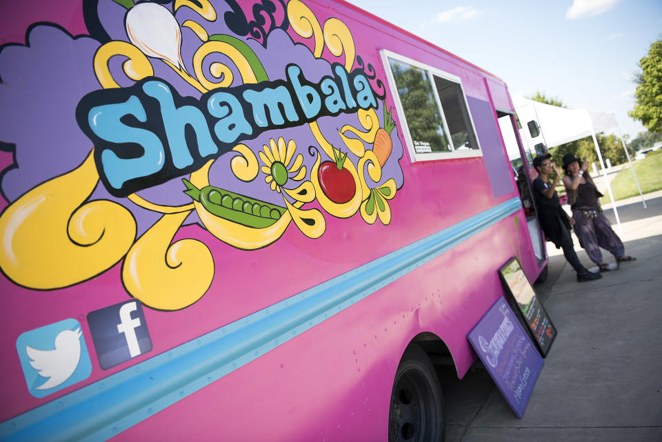 Shambala, a food truck owned by Phoebe Glass and Amir Salem, serves up&nbsp;vegetarian food near the&nbsp;HuffPost video activation site.