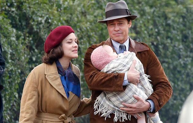 Marion Cotillard on the set of Allied with Brad Pitt. Source: Getty