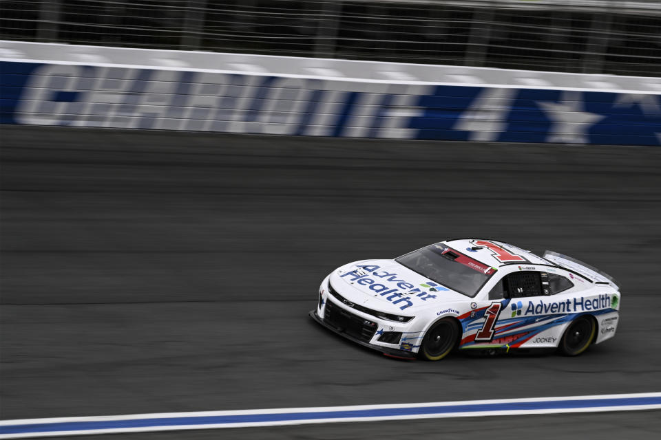 Ross Chastain (1) steers out of Turn 4 during a NASCAR Cup Series auto race at Charlotte Motor Speedway, Monday, May 29, 2023, in Concord, N.C. (AP Photo/Matt Kelley)