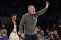 Denver Nuggets head coach Michael Malone yells form the bench in the second half of Game 4 of the NBA basketball Western Conference Final series against the Los Angeles Lakers Monday, May 22, 2023, in Los Angeles. (AP Photo/Ashley Landis)