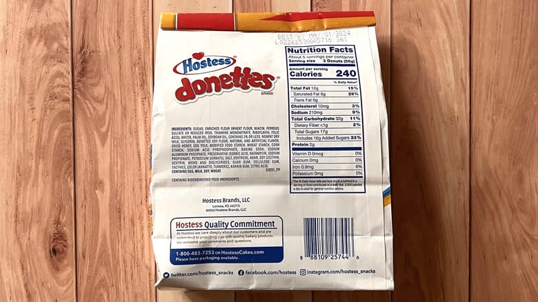 Back of Hostess HoneyBun Donettes bag