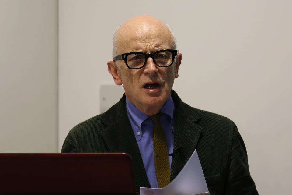 Peter Murray, chairman of NLA and curator of 'London's Growing...Up', speaks to the media during a press conference to launch the exhibition 'London's Growing...Up' at the New London Architecture (NLA) in London, Friday, Jan. 24, 2014. The exhibition opens in April and will explore and the past, present and future view of London's skyline as the developers focus on building upwards rather than outwards. (AP Photo/Sang Tan)