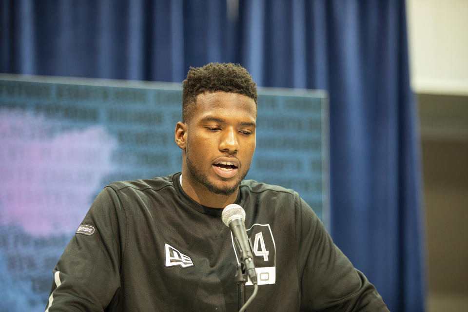 Bryan Edwards talks to the media at the NFL Scouting Combine on Tuesday, Feb. 25, 2020 in Indianapolis. (Detroit Lions via AP)