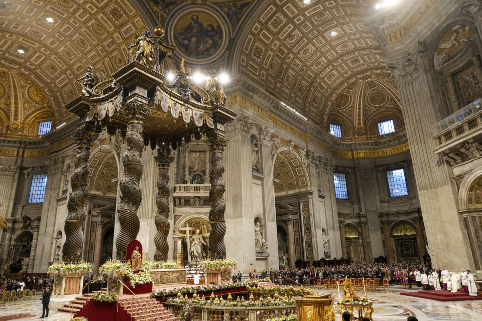 Pope Francis presides over an Epiphany mass in St. Peter's Basilica, at the Vatican, Saturday, Jan. 6, 2024. (AP Photo/Andrew Medichini)