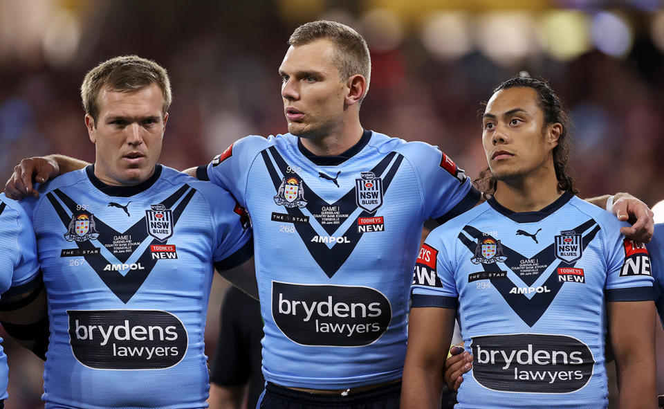 Jake Trbojevic, pictured here alongside brother Tom and Jarome Luai in the 2021 State of Origin series.