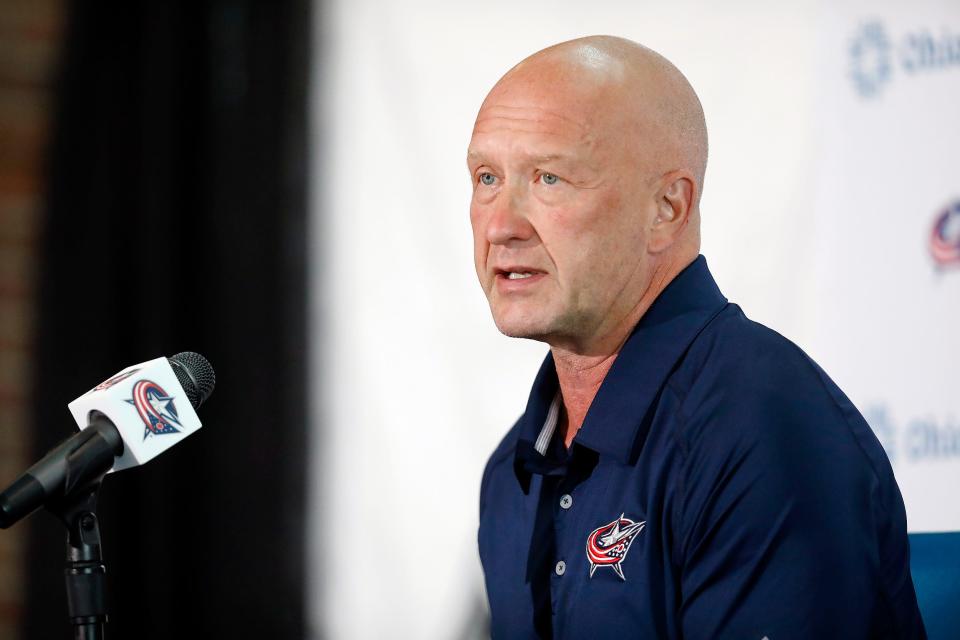 Blue Jackets General Manager Jarmo Kekalainen speaks to the media during Media Day at Nationwide Arena in Columbus, Ohio on September 21, 2021. 