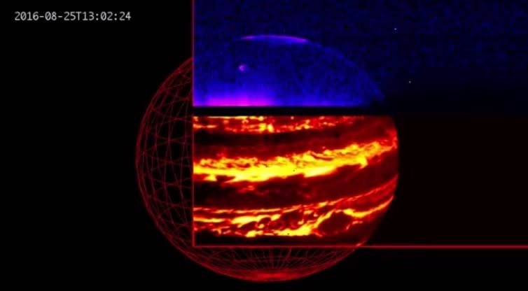 <span class="caption">Infrared image showing Jupiter’s aurora (blue) and internal glow (red).</span> <span class="attribution"><span class="source">Credit: NASA/JPL-Caltech/SwRI/ASI/INAF/JIRAM</span></span>