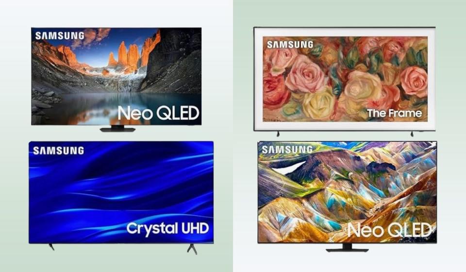 Four high-definition Samsung TVs.