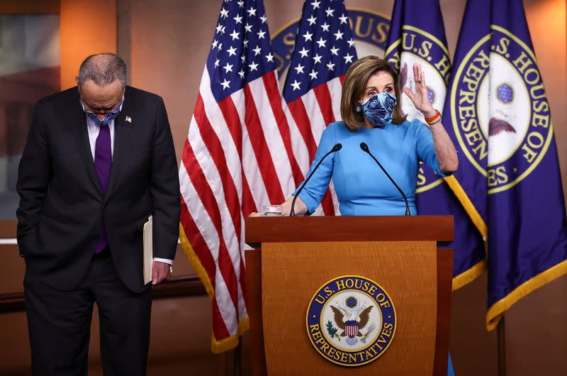 U.S. House Speaker Pelosi and Senate Democratic Leader Schumer speak to reporters during news conference on Capitol Hill in Washington