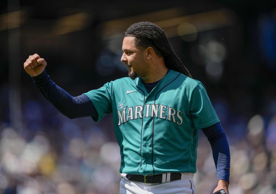 Seattle Mariners starting pitcher Luis Castillo reacts after pitching against the Pittsburgh Pirates during the fifth inning of a baseball game Saturday, May 27, 2023, in Seattle. (AP Photo/Lindsey Wasson)