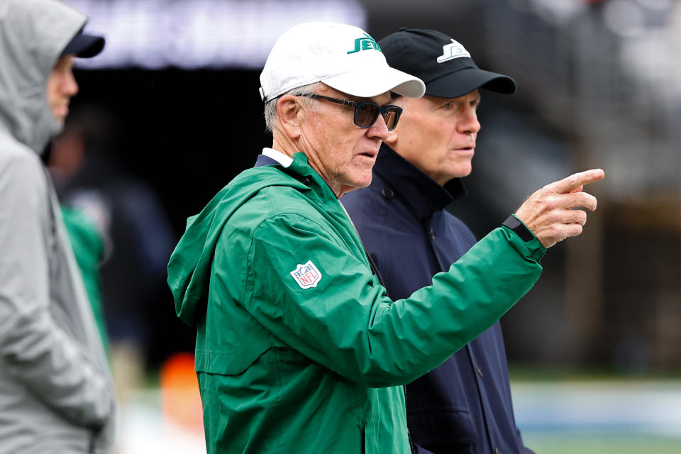 EAST RUTHERFORD, NJ - OCTOBER 29:  Woody Johnson Chairman of the New York Jets and his brother Christopher Johnson Vice Chairman prior to the game against the New York Giants on October 29, 2023 at MetLife Stadium in East Rutherford, New Jersey.  (Photo by Rich Graessle/Icon Sportswire via Getty Images)