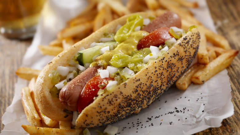 Chicago dog with poppy seed bun