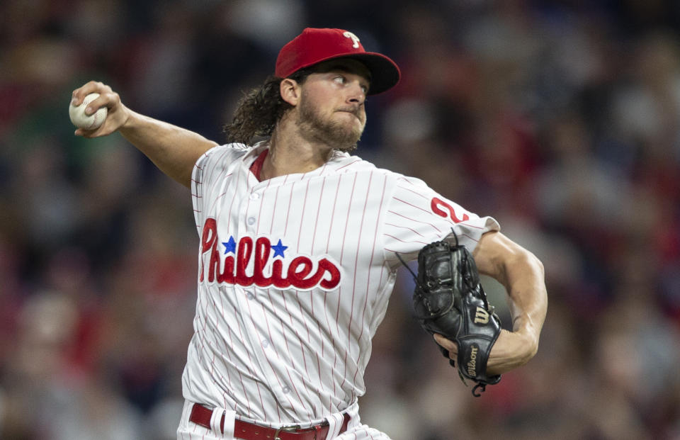 Philadelphia Phillies starting pitcher Aaron Nola took another huge step forward to become a Cy Young contender. (AP) 