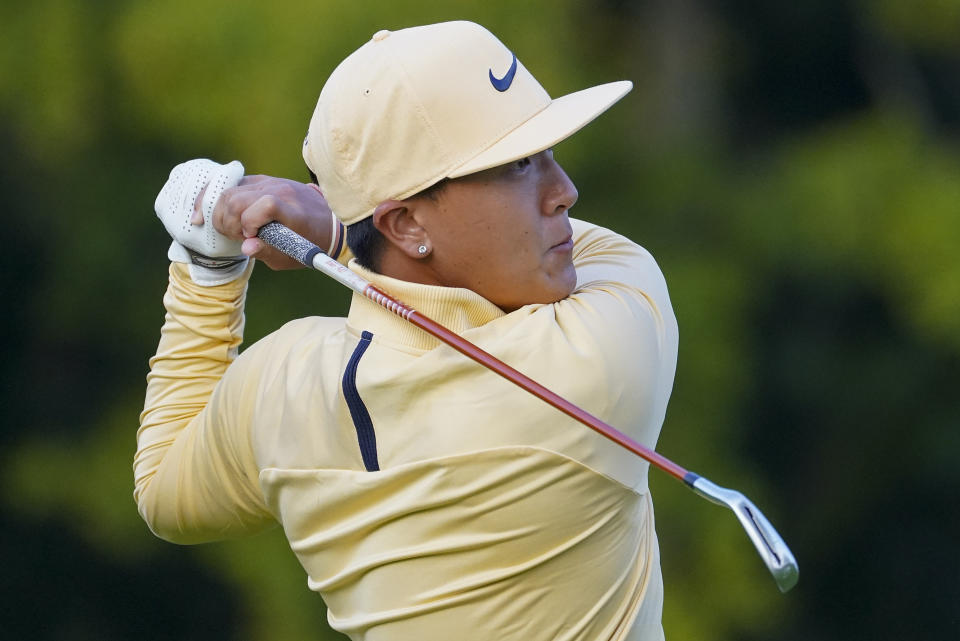 John Pak, of the United States, plays his shot from the third tee during the second round of the US Open Golf Championship, Friday, Sept. 18, 2020, in Mamaroneck, N.Y. (AP Photo/John Minchillo)