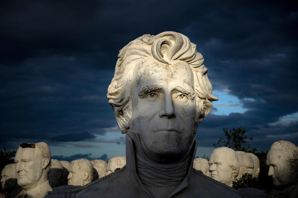 Former US President Andrew Jackson can be seen with other salvaged busts of former US Presidents at a mulching business where they now reside August 25, 2019, in Williamsburg, Virginia. (Photo: Brendan Smialowski/AFP/Getty Images)