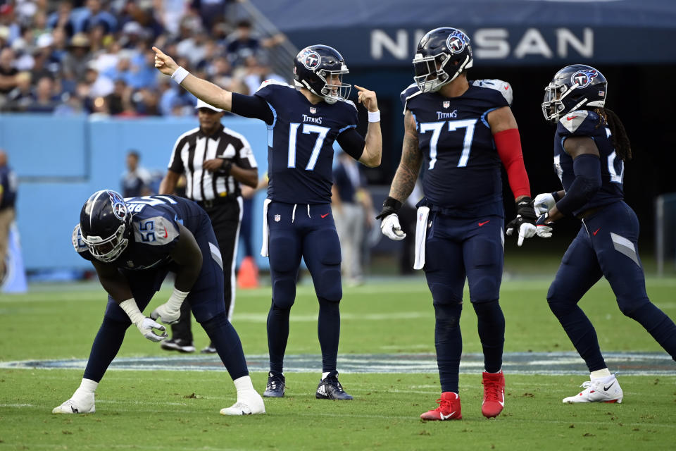 Tennessee Titans quarterback Ryan Tannehill (17) calls a play during the first half of an NFL football game against the New York Giants Sunday, Sept. 11, 2022, in Nashville. (AP Photo/Mark Zaleski)