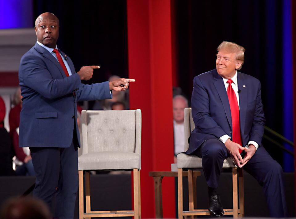 Donald Trump brought his returning bid for the White House to Greenville. The former president was in town for a Ingraham Angle Town Hall at the Greenville Convention Center on Tuesday, Feb. 20. South Carolina Sen. Tim Scott, left, joins Trump on stage.