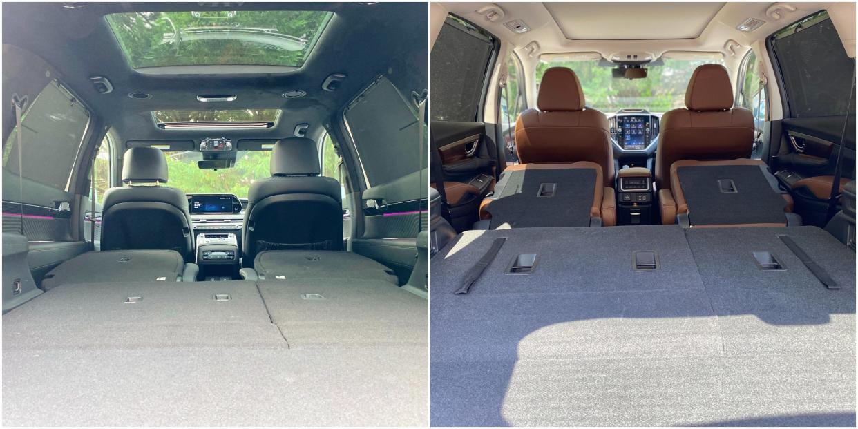 Two photos show the cargo compartment of a 2024 Hyundai Palisade with black leather upholstery and a 2024 Subaru Ascent with brown leather seats with second and third-row seats folded down.