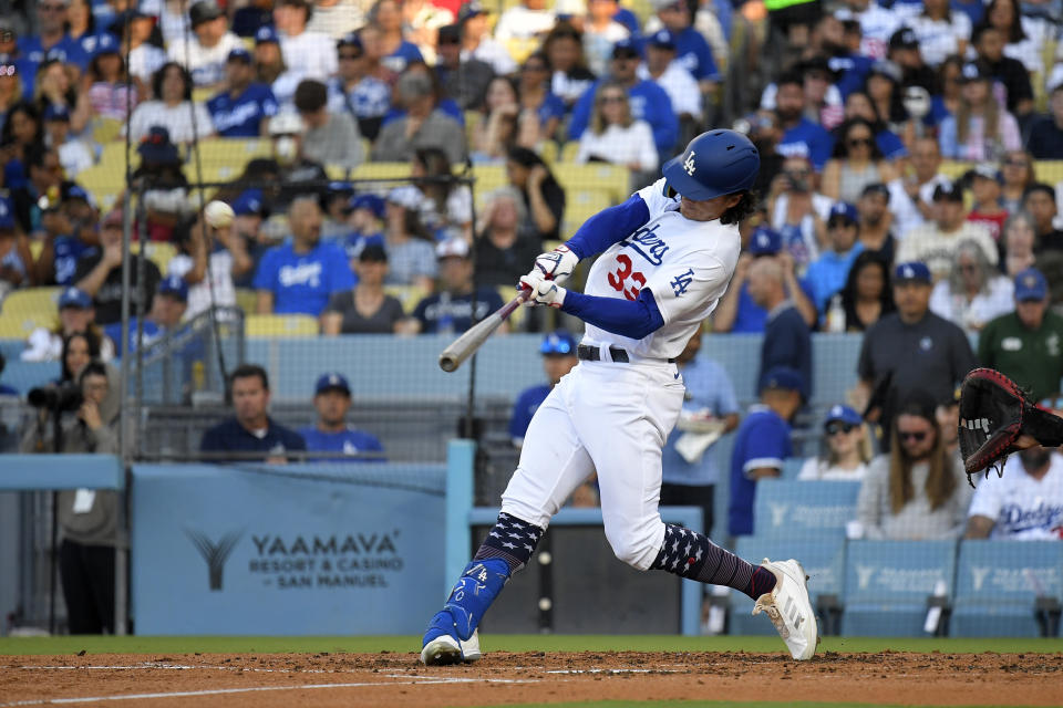 Los Angeles Dodgers' James Outman hits a two-run home run during the second inning of a baseball game against the Pittsburgh Pirates Tuesday, July 4, 2023, in Los Angeles. (AP Photo/Mark J. Terrill)