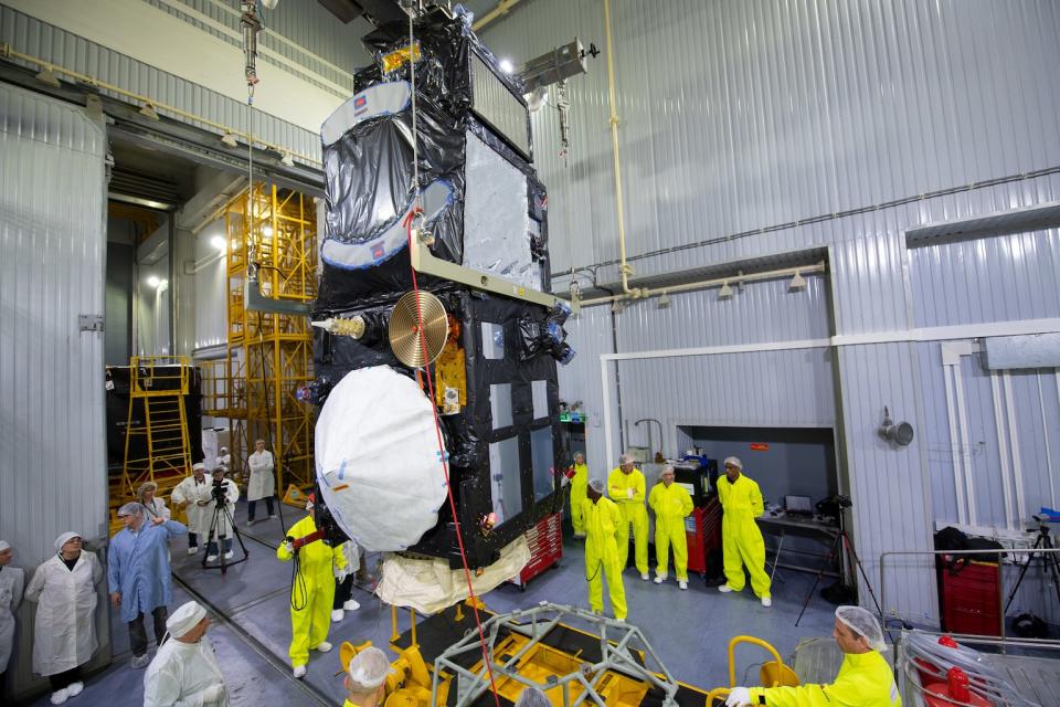 The European Sentinel-3B Earth observation satellite is prepared to be attached to its Rockot booster on April 17, 2018 ahead of a planned launch from Russia's Plesetsk Cosmodrome. The mission launched into orbit on April 25. <cite> ESA - S. Corvaja</cite>