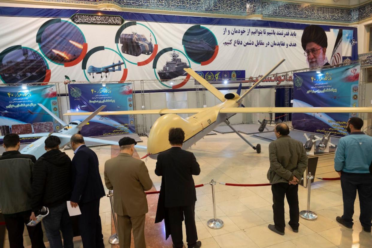 In July 2022, Iran provided the Russian military with training for using Iranian-produced weapons, including the Shahed-129 drone, displayed here at a 2019 military show in Tehran. <a href="https://www.gettyimages.com/detail/news-photo/file-photo-shows-visitors-look-on-the-shahed-129-an-iranian-news-photo/1231019247?adppopup=true" rel="nofollow noopener" target="_blank" data-ylk="slk:Morteza Nikoubazl/NurPhoto via Getty Images;elm:context_link;itc:0;sec:content-canvas" class="link ">Morteza Nikoubazl/NurPhoto via Getty Images</a>