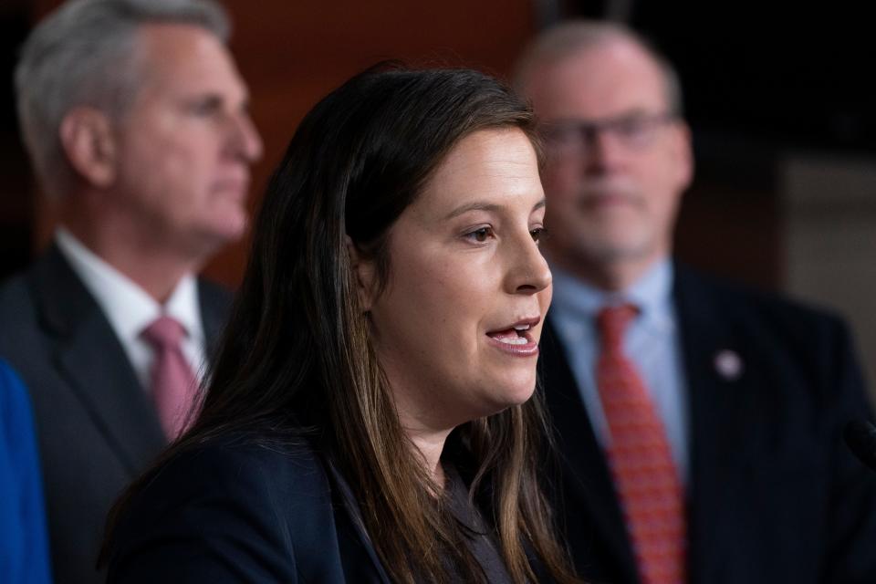 Republican conference chair Rep. Elise Stefanik, R-N.Y., speaks with reporters during a news conference on Capitol Hill on Nov. 3, 2021, in Washington.