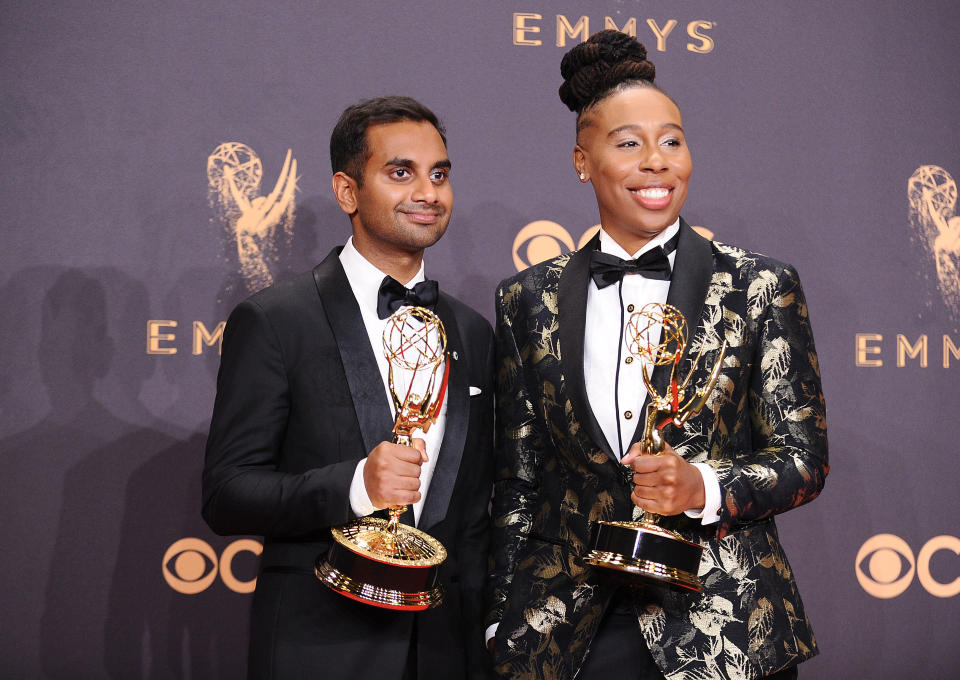 Aziz Ansari and Lena Waithe. (Photo: Jason LaVeris via Getty Images)