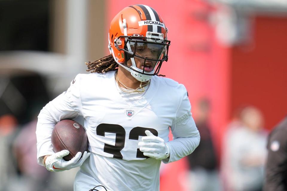 Cleveland Browns safety Ronnie Hickman participates in practice May 24 in Berea.