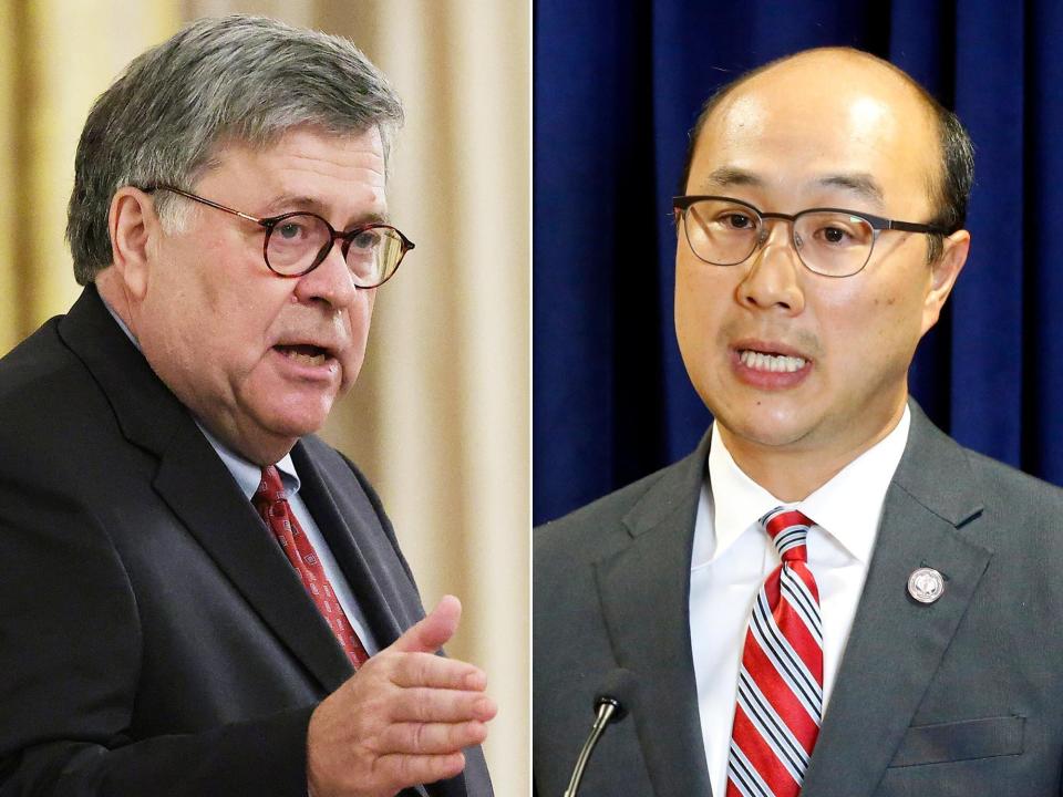 Minnesota prosecutor John Choi, right, told Attorney General William Barr in a letter that he was quitting the Presidential Commission on Law Enforcement and the Administration of Justice because it "had no intention of engaging in a thoughtful and open analysis, but was intent on providing cover for a predetermined agenda that ignores the lessons of the past." (Photo: Getty/AP)