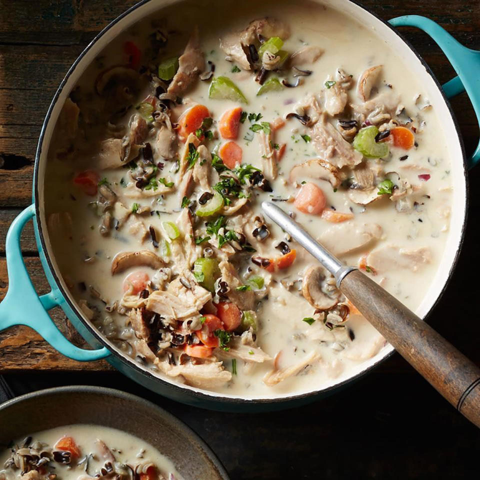 <p>Got leftover cooked chicken or turkey? Cook up a pot of soup! This recipe is a healthier twist on a classic creamy turkey and wild rice soup that hails from Minnesota. Serve with a crisp romaine salad and whole-grain bread. <a href="https://www.eatingwell.com/recipe/252422/cream-of-turkey-wild-rice-soup/" rel="nofollow noopener" target="_blank" data-ylk="slk:View Recipe" class="link ">View Recipe</a></p>