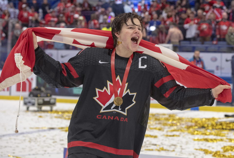 Canada's captain Barrett Hayton celebrates after defeating Russia n the gold medal game at the World Junior Hockey Championships, Sunday, Jan. 5, 2020, in Ostrava, Czech Republic. (Ryan Remiorz/The Canadian Press via AP)