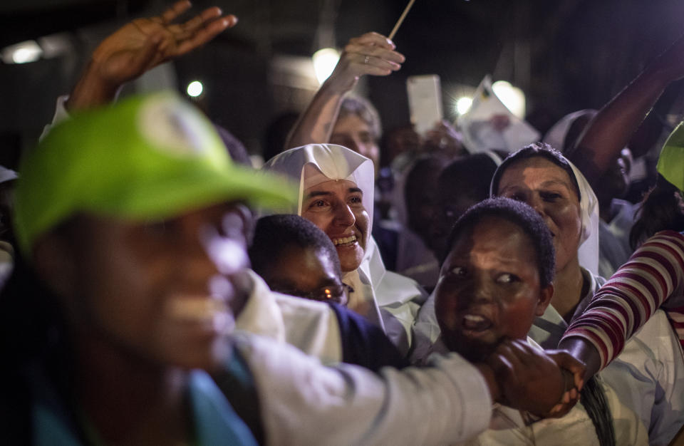 Nuns cheers as Pope Francis arrives at the Apostolic Nunciature in the capital Maputo, Mozambique Wednesday, Sept. 4, 2019. Pope Francis is opening a three-nation pilgrimage to southern Africa with a strategic visit to Mozambique, just weeks after the country's ruling party and armed opposition signed a new peace deal and weeks before national elections. (AP Photo/Ben Curtis)