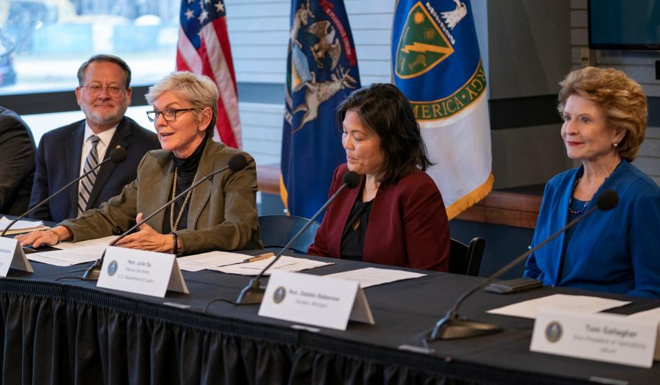 In this file photo, from left to right, U.S. Sen. Gary Peters, D-Mich., left, U.S. Secretary of Energy Jennifer Granholm, U.S. Deputy Secretary of Labor Julie Su, and U.S. Sen. Debbie Stabenow, D-Mich., visit Michigan to be part of a roundtable to jumpstart the Biden-Harris Administration's latest effort to support the development of America's modern battery industry Monday, Dec. 12, 2022 at the Automotive Hall of Fame in Dearborn. Su has been the acting secretary of the U.S. Department of Labor since March of 2023.