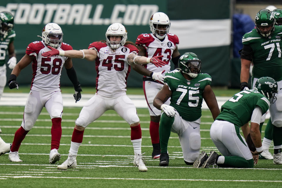 Arizona Cardinals linebacker Dennis Gardeck (45) reacts after sacking New York Jets quarterback Joe Flacco (5) during the second half of an NFL football game, Sunday, Oct. 11, 2020, in East Rutherford. (AP Photo/Seth Wenig)