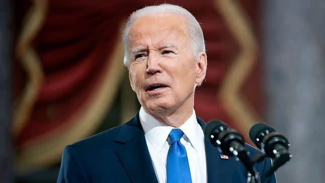 President Joe Biden gives remarks in Statuary Hall of the U.S Capitol in Washington, D.C., on Thursday, January 6, 2022 to mark the one year anniversary of the attack on the Capitol.