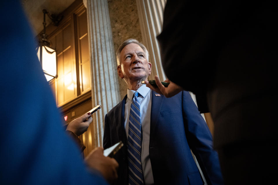 Sen. Tommy Tuberville speaks to reporters at the U.S. Capitol on Nov. 7, 2023, in Washington, D.C. / Credit: Drew Angerer / Getty Images