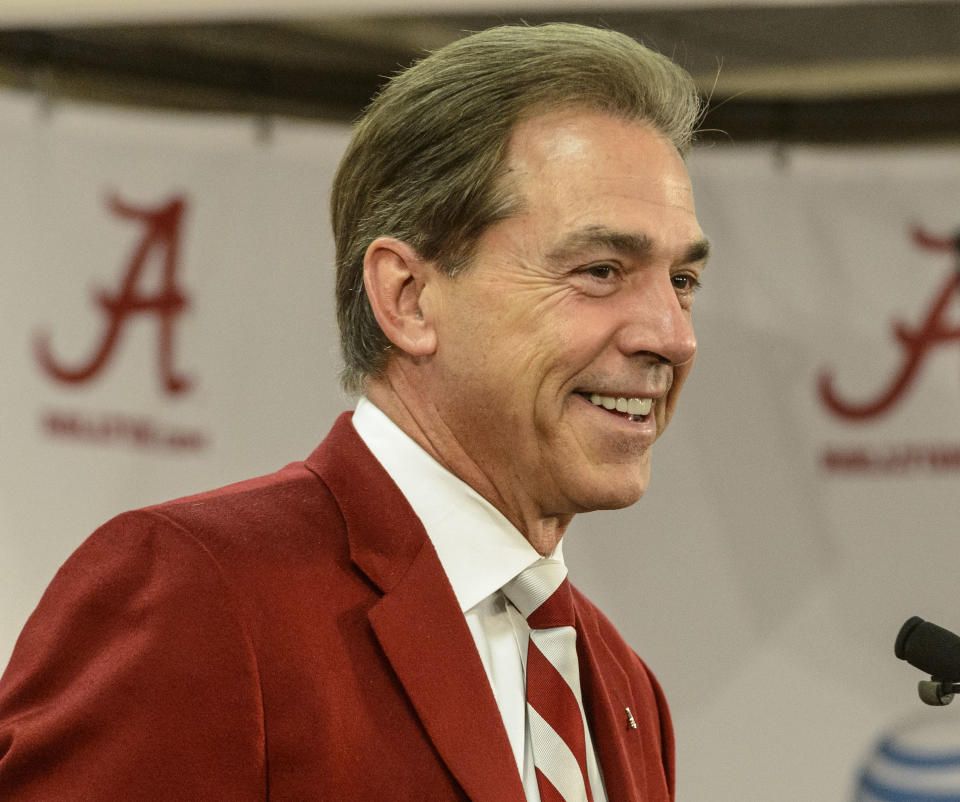 Alabama Coach Nick Saban discusses the signing day successes of 2014, Wednesday, Feb. 5, 2014, at the Mal Moore Athletic Facility in Tuscaloosa, Ala. (AP Photo/The Birmingham News, Vasha Hunt)