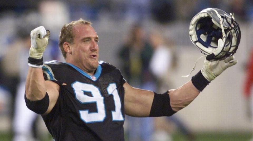 In 1999, Carolina linebacker Kevin Greene celebrates a sack against Atlanta. Greene played three seasons for Carolina and in all three had at least 12 sacks.