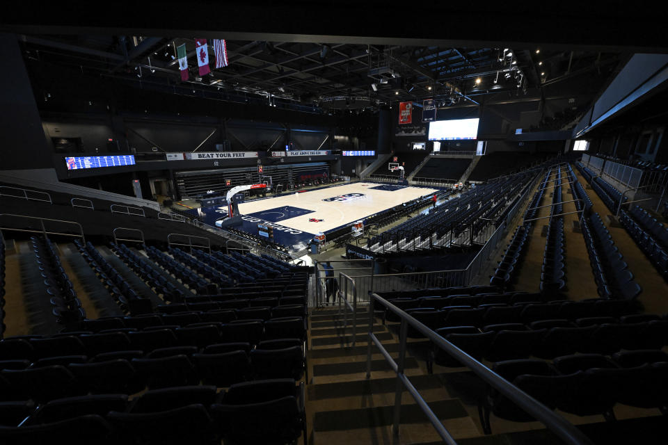 A general view of the basketball court inside the Entertainment and Sports Arena is seen, Friday, March 1, 2024, in Washington. The proposed move of the Capitals and Wizards sports teams to nearby Virginia has stoked concern in a pair of fragile Washington neighborhoods. (AP Photo/Terrance Williams)