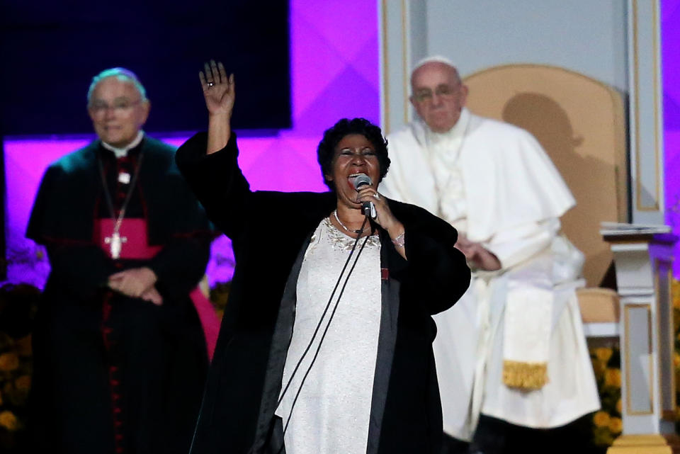 Pope Francis looks on as Aretha Franklin performs during the Festival of Families in 2015.