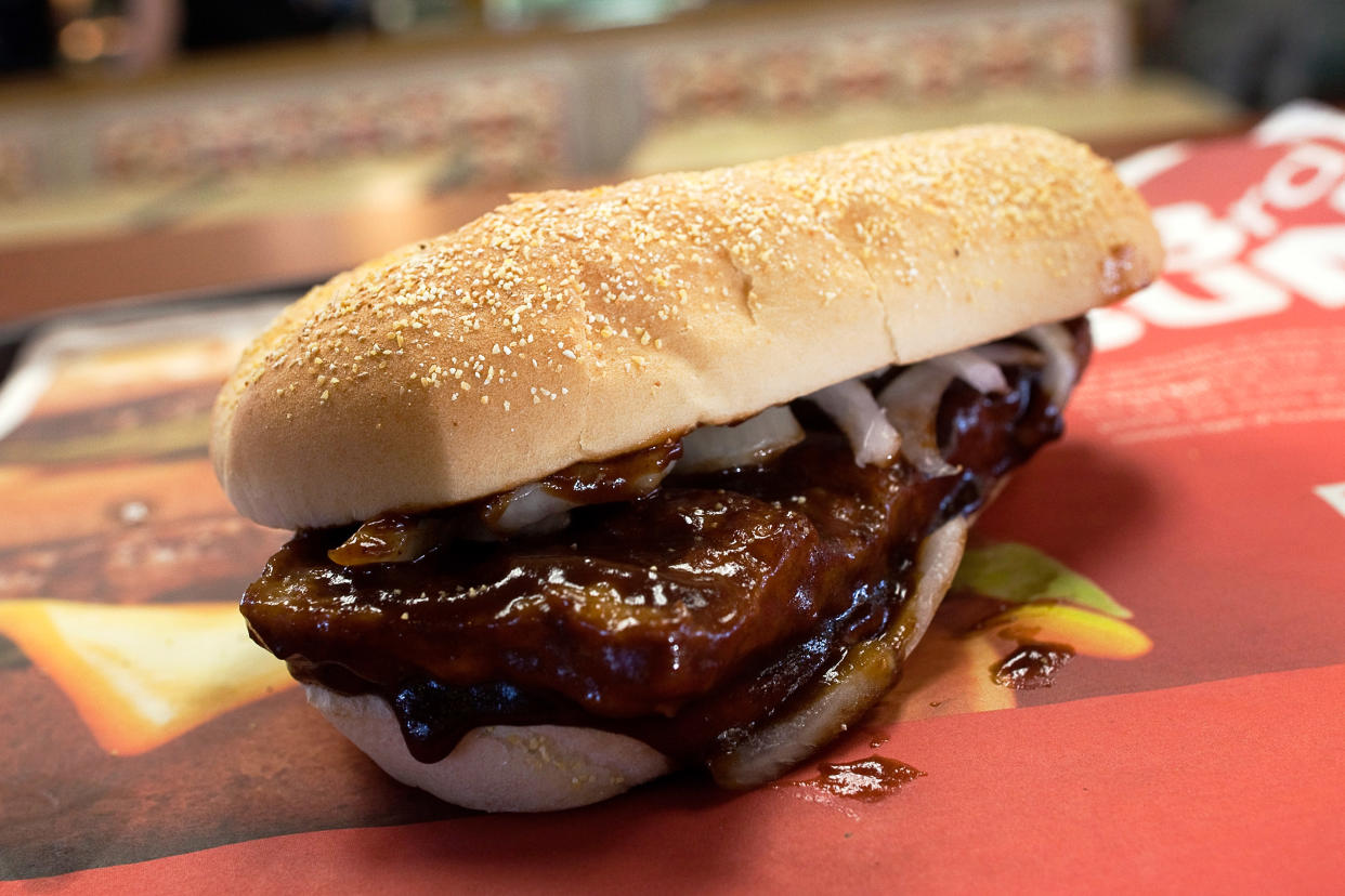 SAN FRANCISCO, CA - NOVEMBER 03:  A McRib is seen at a McDonald's restaurant on November 3, 2010 in San Francisco, California.  The sandwich arrived on the menu for the first time since 1994 and is offered at all McDonald's nationwide for a limited time until December 5, 2010. The McRib was first introduced in 1981. (Photo by David Paul Morris/Getty Images)